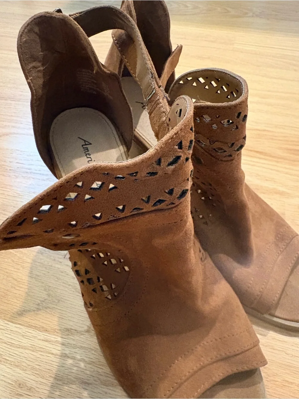 American Eagle Outfitters Tan Suede Laser-Cut Block Heel Sandals